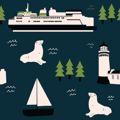 Pacific Northwest Ocean Pattern Seamless repeat hand drawn ferry seal and lighthouse pattern