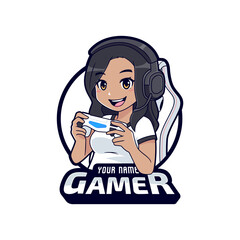 Cute gamer character mascot logo, Dark skin gamer girl cartoon esport logo template © tkzgraphic
