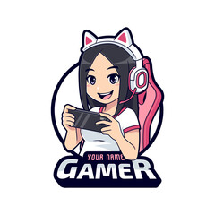 Cute gamer character mascot logo, Gamer girl cartoon esport logo template © tkzgraphic