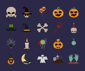 happy halloween, trick or treat celebration party october month flat icons style