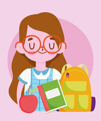 happy teachers day, student girl with bag notebook and apple cartoon
