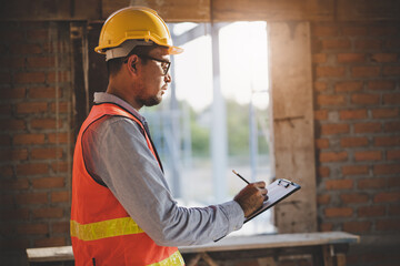 Asian inspector checking structure of new property and taking note in the clipboard for review and...