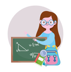 happy teachers day, teacher blackboard backpack book and magnifier cartoon