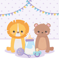 baby shower, little lion bear with pacifier rattle cartoon, celebration welcome newborn