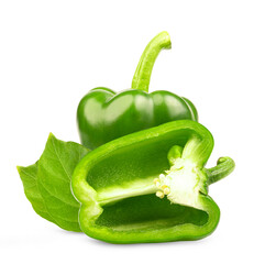 Cut and whole tasty green bell peppers on white background