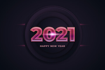 Happy New Year 2021 banner with glowing neon text. Festive poster. Modern lettering composition