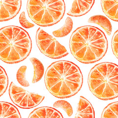 Watercolor seamless pattern with mandarins slices. Tangerine, clementine background. Hand painted sketch elements for design Can be used for textiles, stationery, corporate identity, wallpaper.
