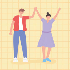 Obraz premium people together, man and woman hands up united, male and female cartoon characters