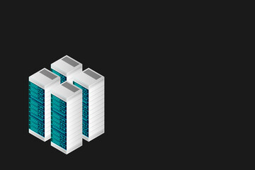 Server room isometric, Cloud storage data, Data center, Big data processing and computing technology. Vector illustration