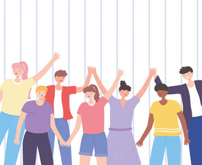 Fototapeta premium people together, persons standing together and hands up, male and female cartoon characters