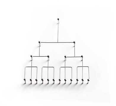 Hierarchy, command chain, company / organization structure or layer and grouping concept image. Top down structure made from chrome wires and silver nails and wire on white. Shallow depth of field.