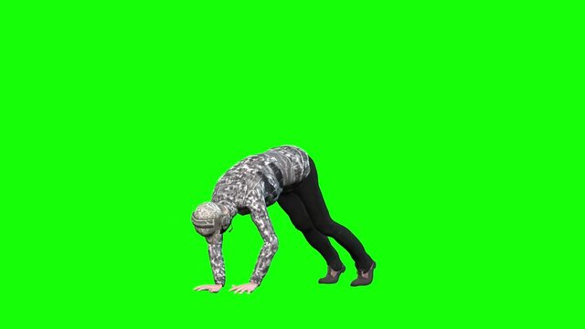 3d animation of a female avatar military figure wearing a face mask performing different exercises including push ups off the floor.