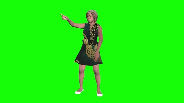 3d animated avatar woman in a patterned colourful dress standing, pointing a waving her arm.