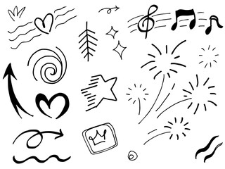 Abstract arrows, ribbons, hearts, stars, crowns and other elements in a hand drawn style for concept designs. Scribble illustration. Vector illustration.