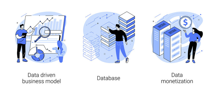 Data Business Strategy Abstract Concept Vector Illustration Set. Data Driven Business Model, Database, Data Monetization, Decision Making, Information Storage, Analysis Service Abstract Metaphor.