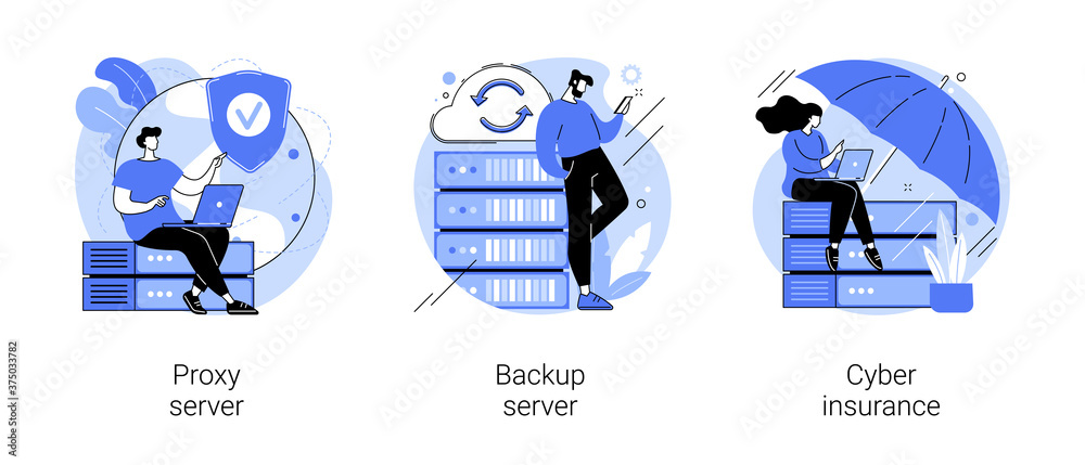 Poster online data access and security abstract concept vector illustration set. proxy server, backup serve