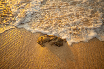 Scenic seascape. Foam wave splashing against the stone at the beach. Sunset time. Waterscape for background. Selected soft art focus. Sunlight reflection. Balangan beach, Bali