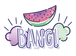 pop art cartoon, watermelon fruit bang clouds comic halftone