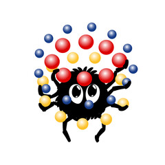 funny spider juggling balls. vector illustration. color cartoon character. kids print. design element for label, sticker, baby book layout, t shirt