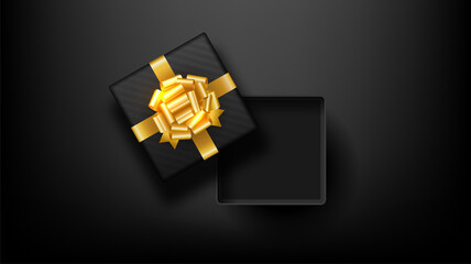 Black open square gift box decorated with bow-ribbon gold on black background.Top view. Luxury style. Vector illustration.