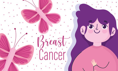 breast cancer awareness month cartoon woman butterflies dotted background