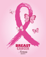 borstkanker bewustzijn roze lint grunge stijl en vlinders vector