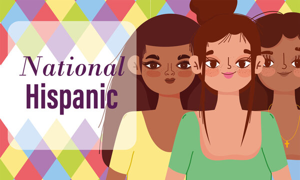 national hispanic heritage month, group young women portrait cartoon, geometric decoration background