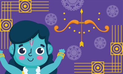 Fototapeta premium happy dussehra festival of india, lord rama cartoon bow arrow purple background traditional
