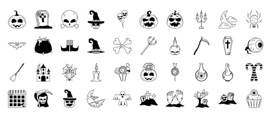 happy halloween, trick or treat celebration decoration party flat icons style
