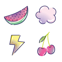 pop art cartoon, watermelon cherry cloud and thunderbolt icons, comic halftone design