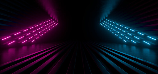 A dark corridor lit by colorful neon lights. Reflections on the floor and walls. 3d rendering image.