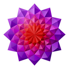 Red and purple 3D geometric flowers. Arranged in an origami mandala style. Vector illustration.