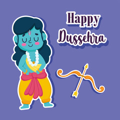 happy dussehra festival of india, cartoon rama with bow and arrow, traditional religious ritual