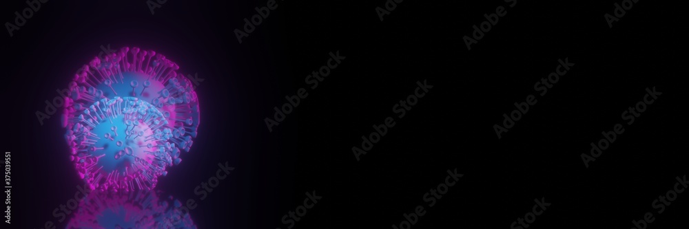 Wall mural covid-19 bacteria with neon colors and reflection. 3d rendering illustration with empty space for te
