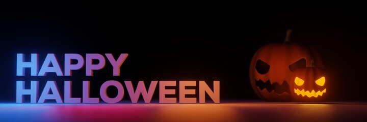 Colorful Happy halloween text with glowing pumpkins illustration. Wide horizontal 3d rendering illustration.
