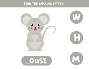 Find missing letter and write it down. Cute cartoon mouse.