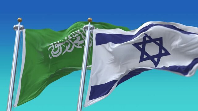 4k Seamless Israel and Saudi Arabia Flags with blue sky background;A fully digital rendering;The animation loops at 20 seconds;IND.