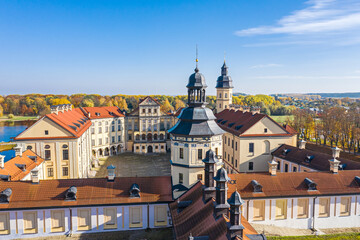Fototapeta na wymiar Nesvizh Castle. Aerial view on a sunny autumn day.