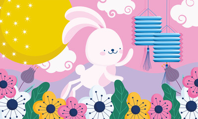 happy mid autumn festival, cute rabbit lanterns flowers moon decoration, blessings and happiness