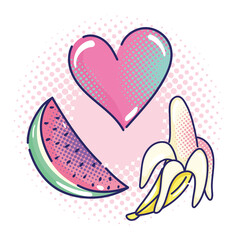 pop art cartoon, heart love watermelon and banana, comic halftone design
