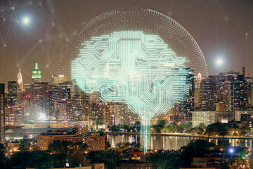 Brain hologram drawing on city scape background Double exposure. Brainstorming concept.