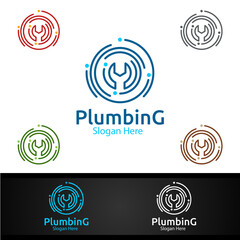Wrench Plumbing Logo with Water and Fix Home Concept