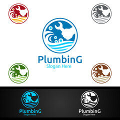 Wrench Plumbing Logo with Water and Fix Home Concept