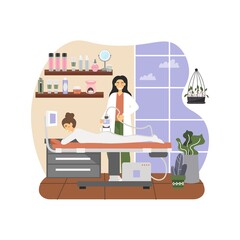 Massage therapist, female giving anti cellulite lpg treatment massage to woman lying on table, flat vector illustration