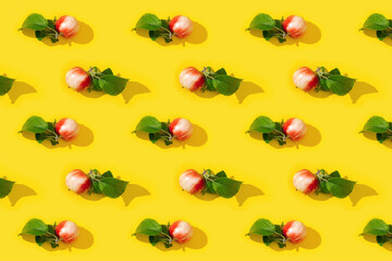Regular creative pattern from ripe small red apples and green leaves, food concept.