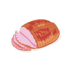 Smoked delicious sliced ham. Delicious gastronomic meet product. Butchery shop, farm market or processing plant design vector illustration isolated on white background