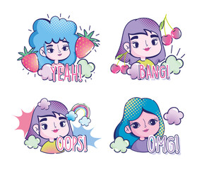 pop art cartoon girls fruits clouds rainbow comic halftone lettering icons