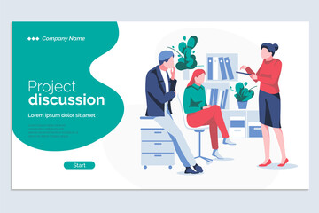 Project discucssion landing page template. Business team working on project together. Business meeting, brainstorming, teamwork, interaction at business process flat vector illustration