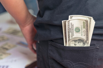 Hand holding loan money dollar bank note give financial payment. Man hands showing spread 100 dollar exchange cash payout. Saving Businessman counting money banknote  bribe corruption concept.