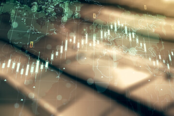 Multi exposure of abstract financial diagram and world map on shiny metal background, banking and accounting concept © Pixels Hunter